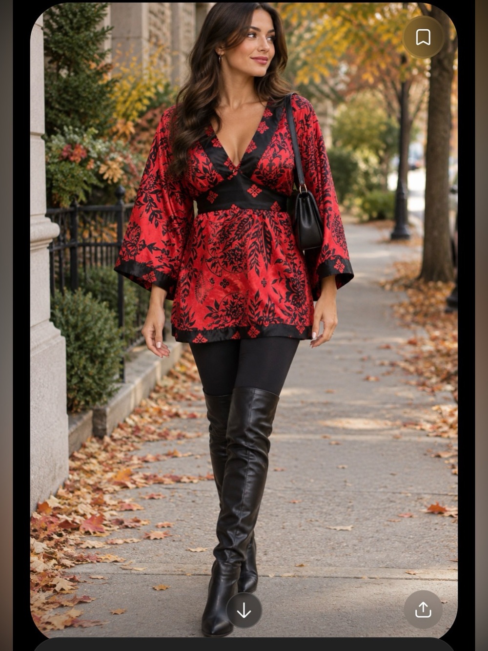 Red Satin Kimono-Sleeve Floral Wrap Top with Black Trim